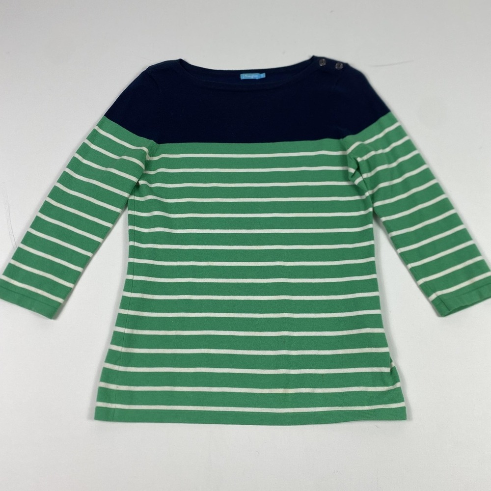 J.McLaughlin Shirt Womens Small Green Navy Stripe Boatneck 3/4 Sleeve Buttons
